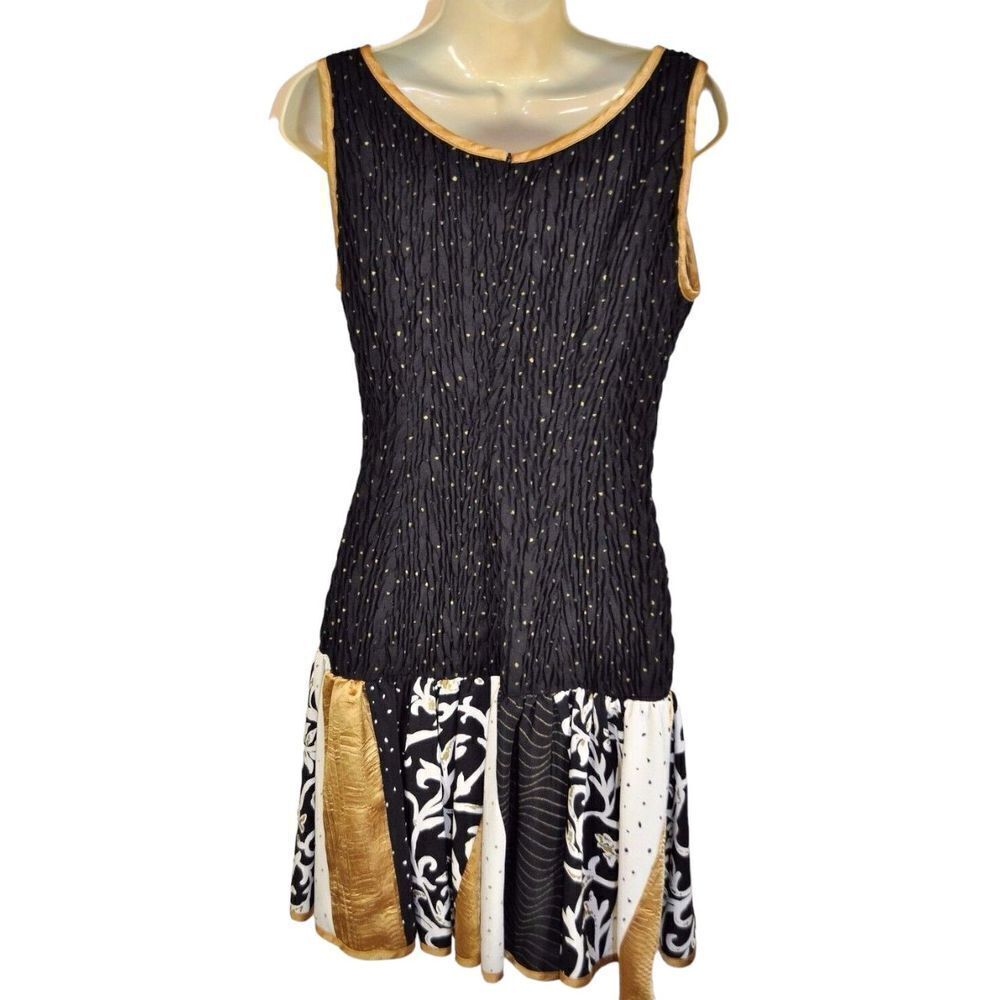Vtg Jeanne Marc 80s smocked Party Dress Black Gold S 8/10 drop waist fairygoth - Picture 4 of 6